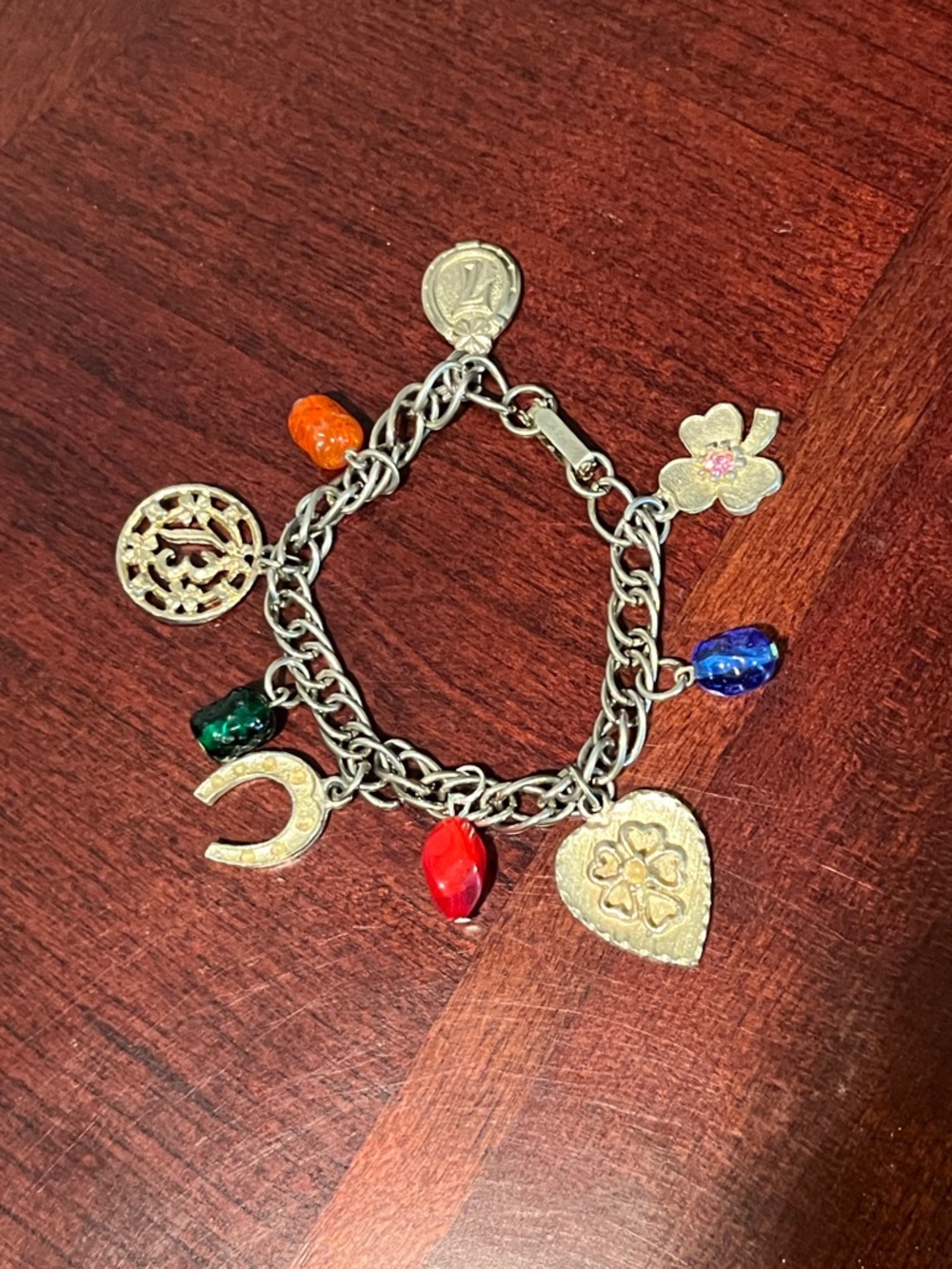 Silver Lucky Charm Bracelet with Multicolor Glass and Clover Charm - Picture 1 of 7